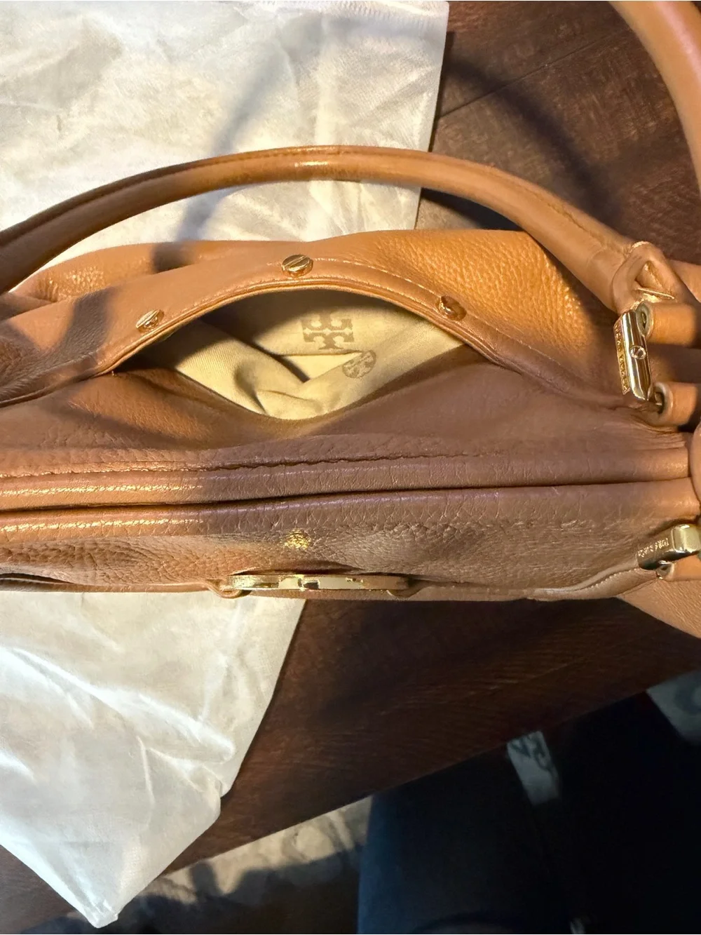 Tory Burch Tan Pebbled Leather Tote with Logo Medallion